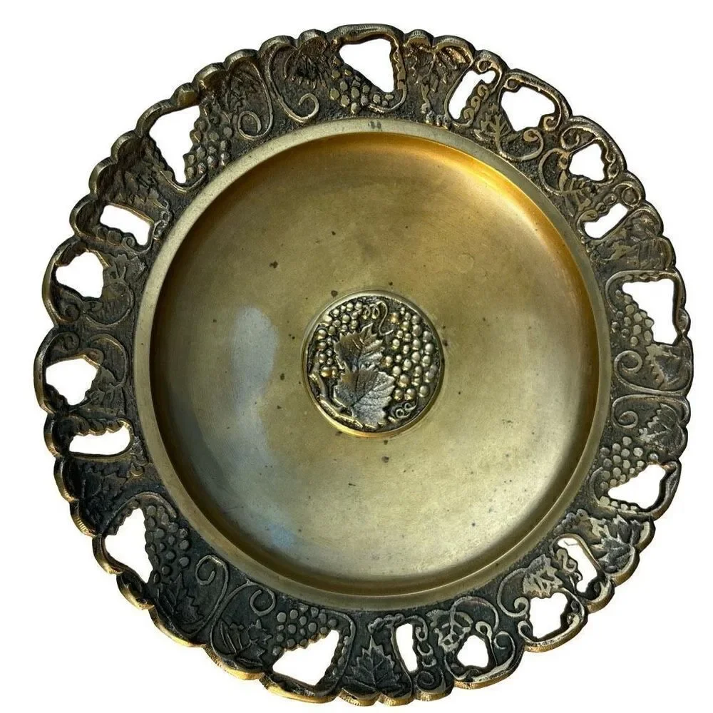vintage brass cut out dish / brass dish with raised relief grape pattern / vinta